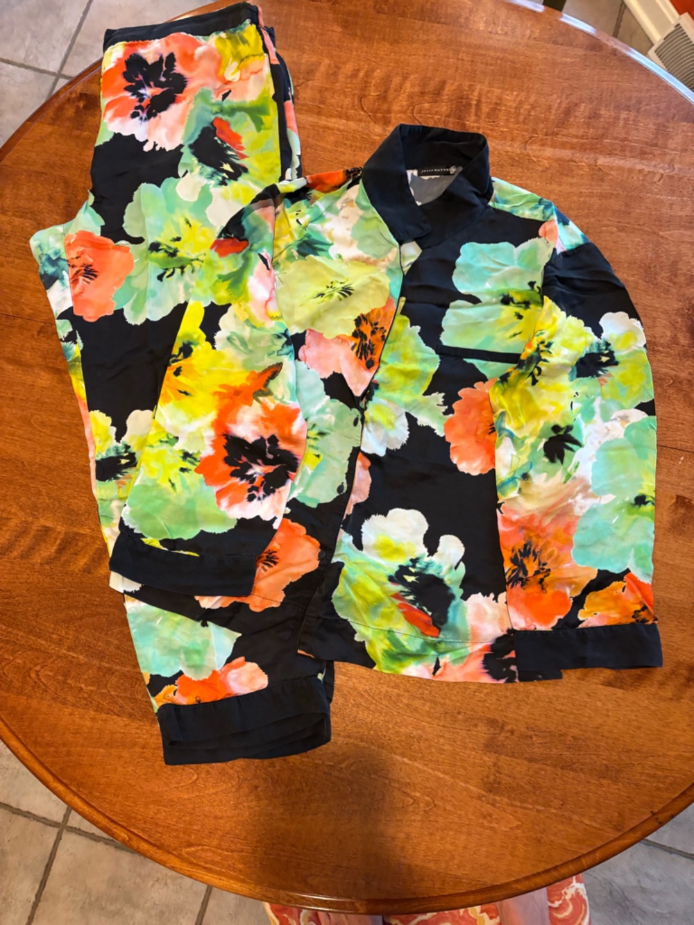 Floral Print Button-Up Blouse — Black with Bright Multicolor Flowers by Natori